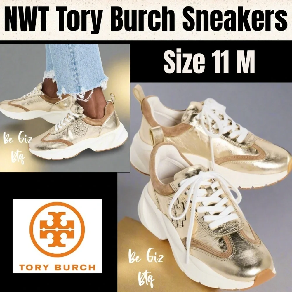 NWT Authentic Tory Burch T Monogram Good Luck Sneakers Size 11 M Gold